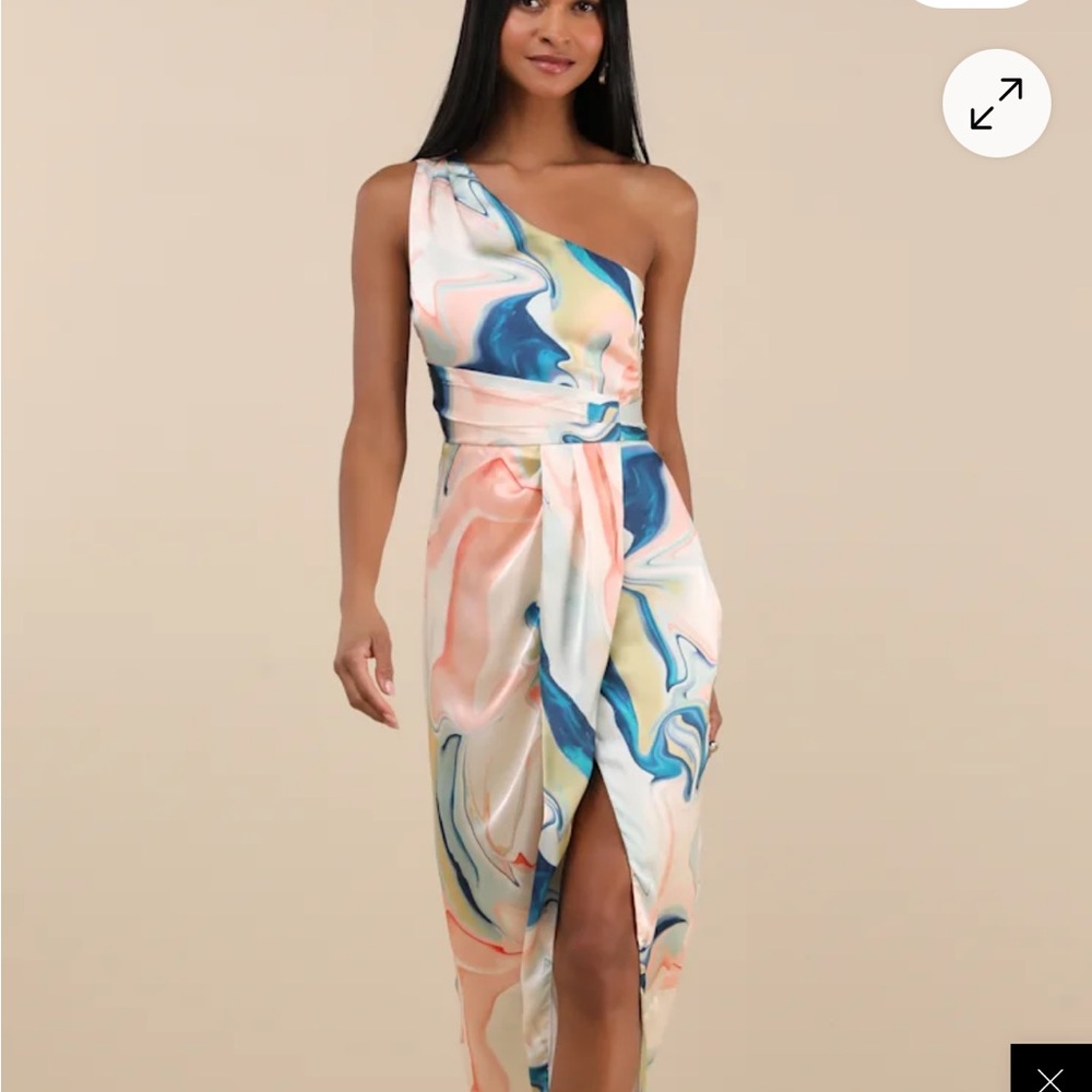 NWT LULUS Elegant One-Shoulder Multicolor Wedding Guest Dress